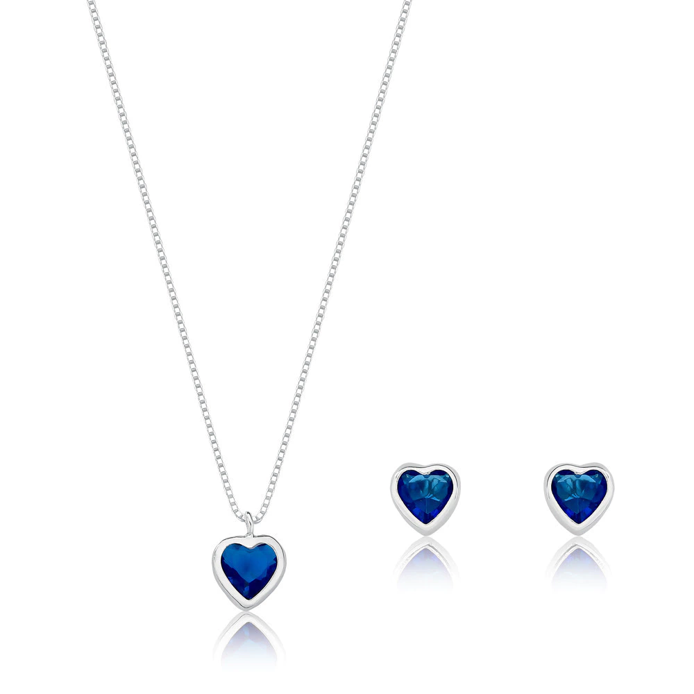 Conjunto Azul Escuro Coração Prata 925