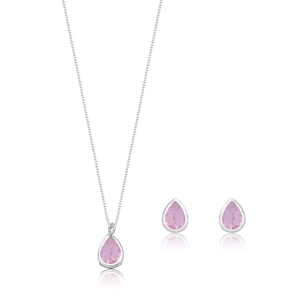 Conjunto Gota Rosa Prata 925