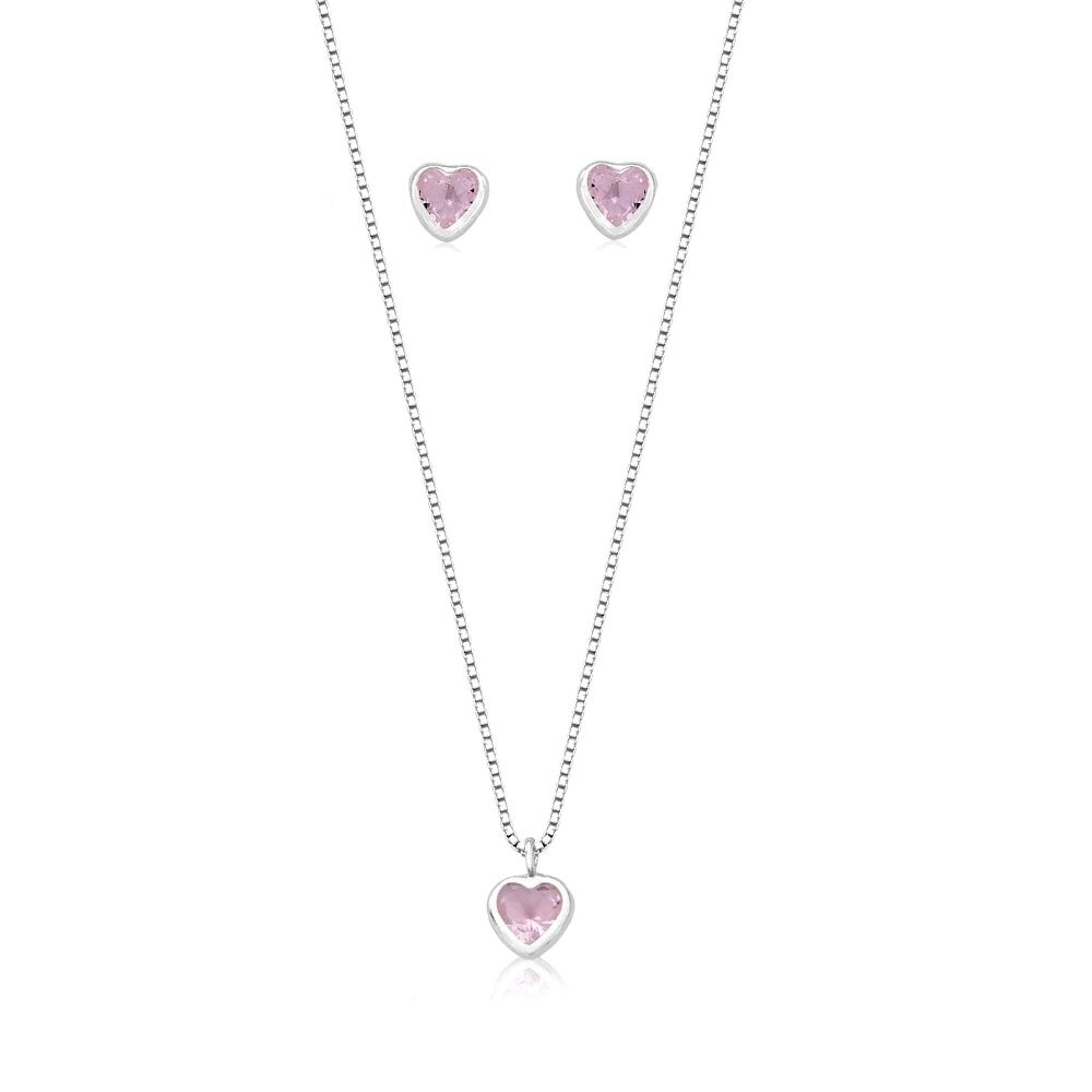 Conjunto Coração Rosa Prata 925