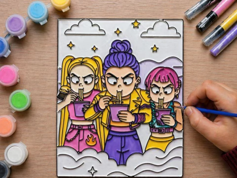 Molde 3D para Colorir – Trio Comendo Macarrão (KPOP Demon Hunters) - comprar online