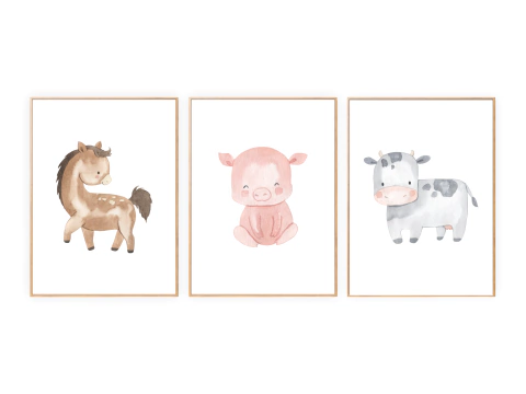 Trio de Quadros Aquarela - Fazendinha 