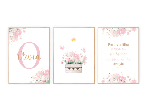 Trio de Quadros - Floral Rosa Aquarelado - comprar online