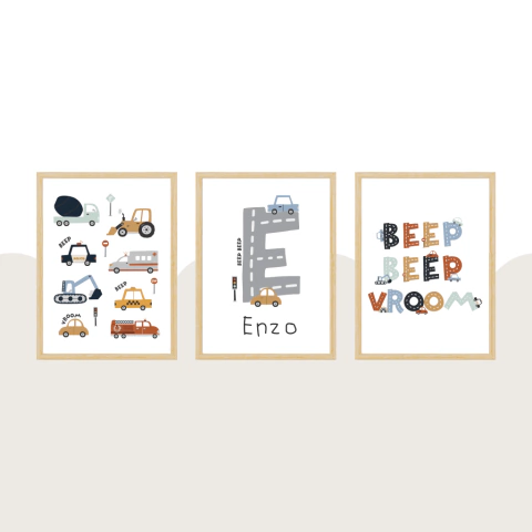 Trio de Quadros - Carrinhos Beep Beep