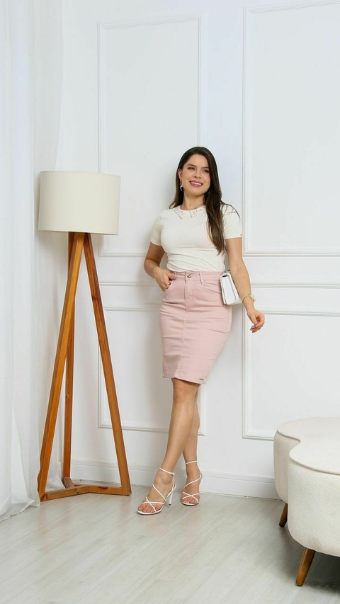 Saia Secretária Jeans Color Moda Evangélica - Com Elastano