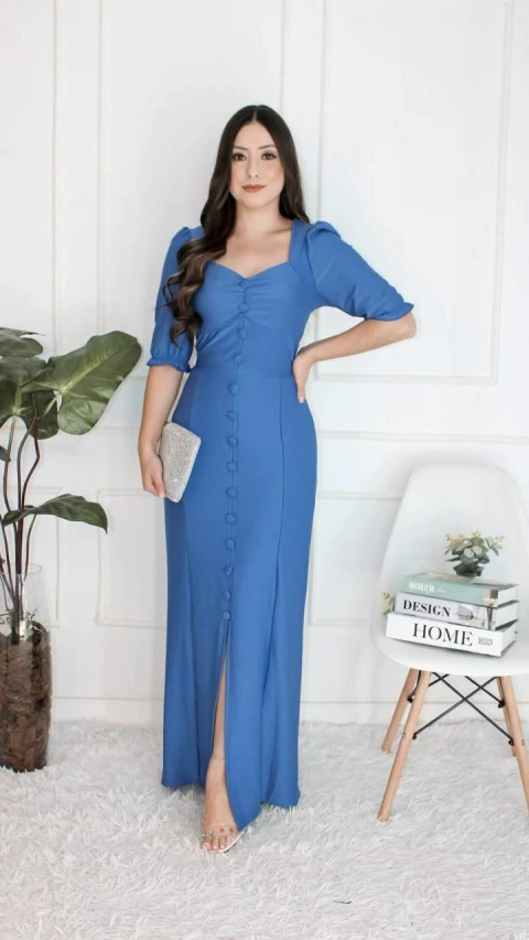 Vestido Longo-Vera C/Botões Fenda Elegante - comprar online