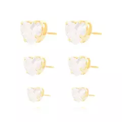 Brinco Trio Coração com Zircônia Cristal Semijoia Ouro 18K - comprar online