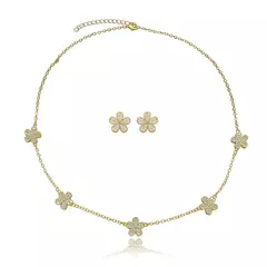 Conjunto Sequência de Flores Cravejadas 45cm Semijoia Ouro 18K - comprar online