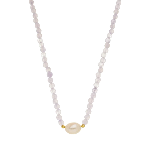 Colar Jade Lilás com Pérola Água Doce Banho de Ouro 18k