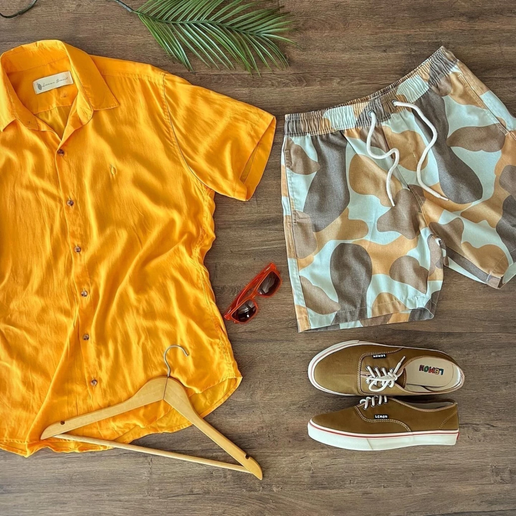 camisa linho manga curta Lemon mostarda
