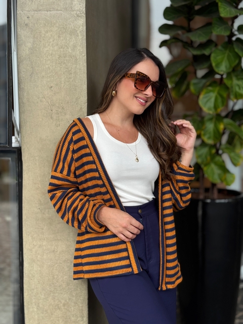 Cardigã Tricot Luna - Azul Marinho/Mostarda - comprar online