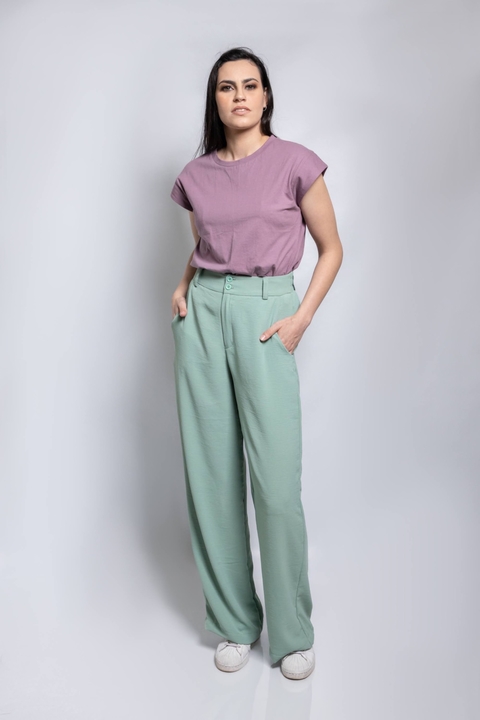 Calça reta cintura alta verde claro com elástico