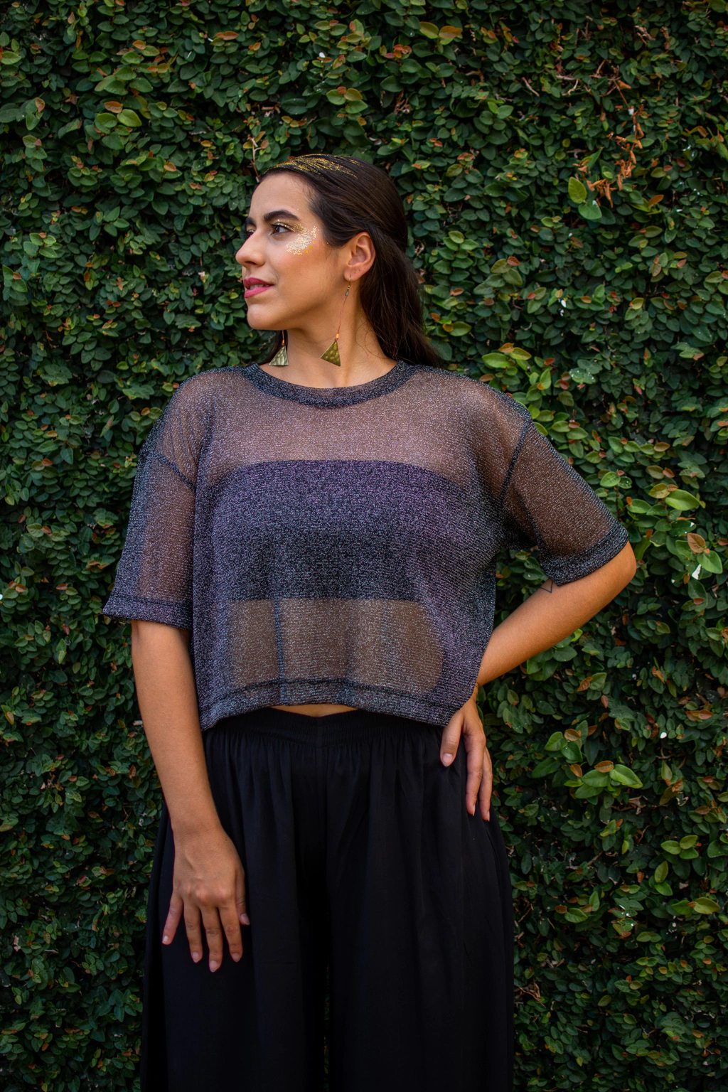 Cropped tule manga curta preto