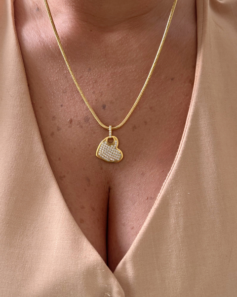 COL778- COLAR TORCIDO CORAÇÃO ZIRCÔNIA LITERAL - 40cm + 5cm extensor- FOLHEADO A OURO 18k - comprar online