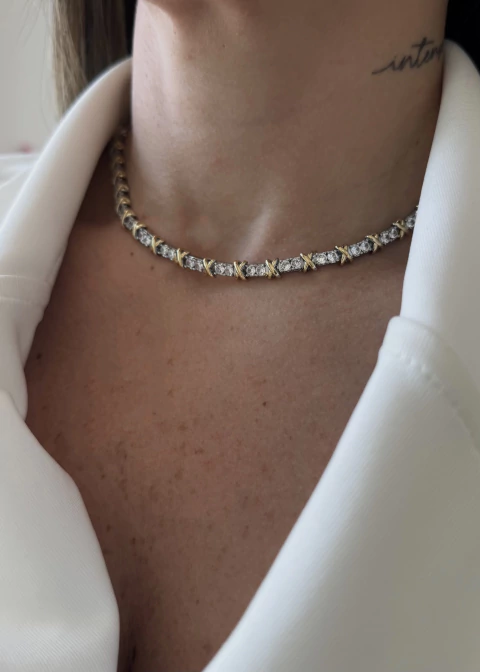 CON15B - COLAR INSPIRED X ZIRCÔNIA- PRATA E DOURADO - FOLHEADO - comprar online