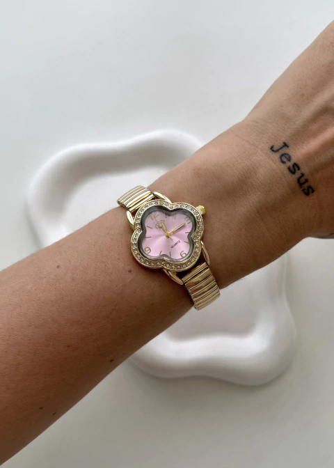 REL28F - RELÓGIO TREVO ZIRCÔNIA PULSEIRA ELÁSTICA- DOURADO FUNDO ROSA - À PROVA D'AGUA - AÇO INOXIDÁVEL - comprar online