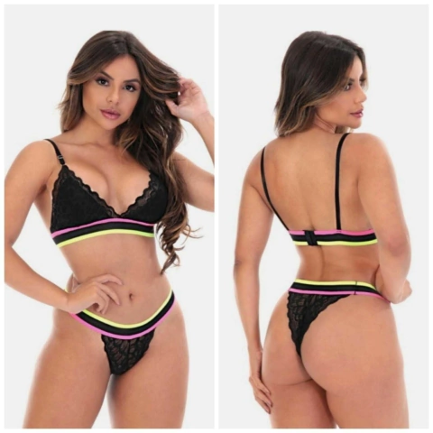 Conjunto Lingerie Thayla com Elástico Colorido Preto REF. 10581