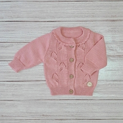 saquito tejido hojitas en rosa vintage