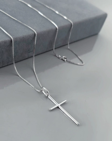 Colar Cruz Palito em Prata 925 - Corrente Veneziana 60 cm - comprar online