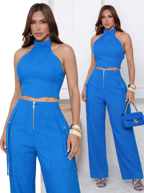 Imagem do 9622a Conjunto Longo Alfaiataria de Cropped frente única e calça