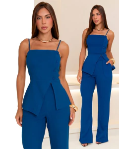 9909 Conjunto Elegante Longo Feminino Blusa Alça Botões e Calça Pantalona Marant