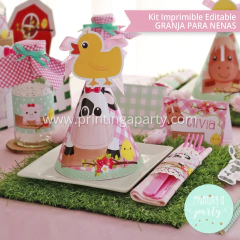 kit imprimible granja nenas decoración candy bar invitación granja