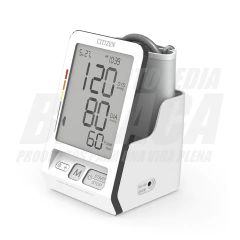 Tensiómetro digital automático de brazo Citizen CH-456 con pantalla grande que muestra la presión arterial y el pulso.