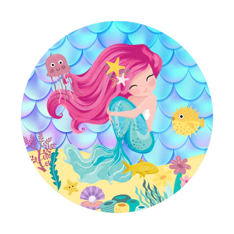 Painel de Tecido Sublimado Redondo Sereia Rosa Fundo do Mar Animais Marinhos Escamas c/ Elástico 150x150cm