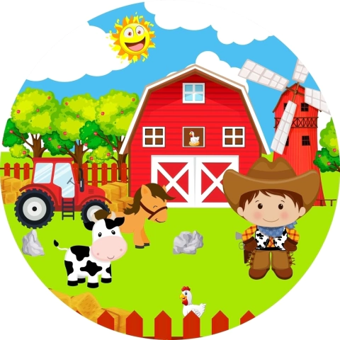 Painel de Tecido Sublimado Redondo Fazendinha Menino Cowboy Celeiro Vermelho c/ Elástico - 150x150cm