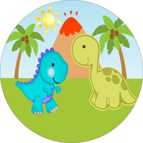 Painel de Tecido Sublimado Redondo Dinos Solzinho Fundo Coqueiros C/Eástico - 150x150cm