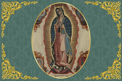 Painel de Tecido Sublimado Nossa Senhora de Guadalupe Arabescos Azul Moldura Dourada 400x250cm
