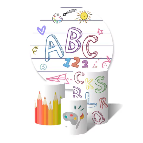 Trio de Capas Cilíndricas + Painel Redondo Sublimado c/Elástico ABC Letras Escola Colorido