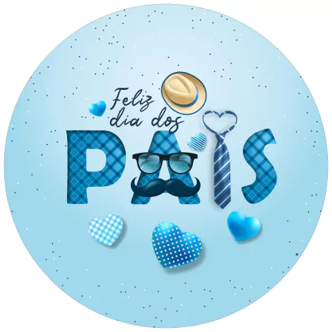 Painel de Tecido Sublimado Redondo Feliz dia dos Pais Corações Azuis Oculos, bigode chapéu e gravata c/ Elástico 150x150cm