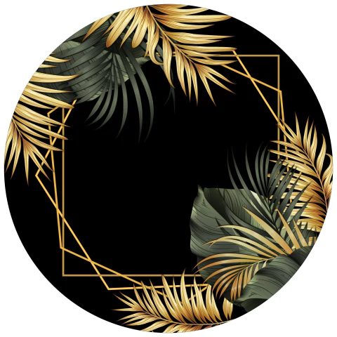 Painel de Tecido Sublimado Redondo Folhas e Formas Douradas Fundo Preto c/ Elástico 150x150cm