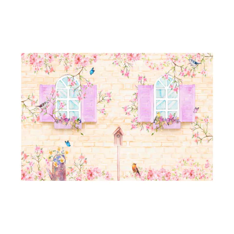 Painel de Lona Jardim Cenário Aquarela Janelas e Borboletas