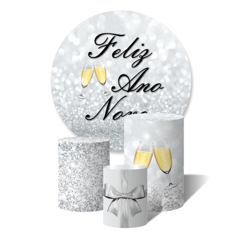 Trio de Capas Cilíndricas + Painel Redondo Sublimado c/ Elástico Feliz Ano Novo Glitter Prata Laço Brinde