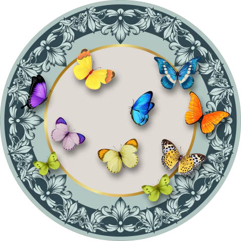 1Painel de Tecido Sublimado Redondo Arabescos Tons de Azul e Dourado Borboletas c/ Elástico 150x150cm