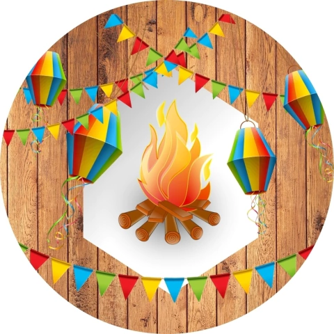 Painel de Tecido Sublimado Redondo Festa Junina Fundo de Madeira Fogueira e Balões c/ Elástico - 150x150cm