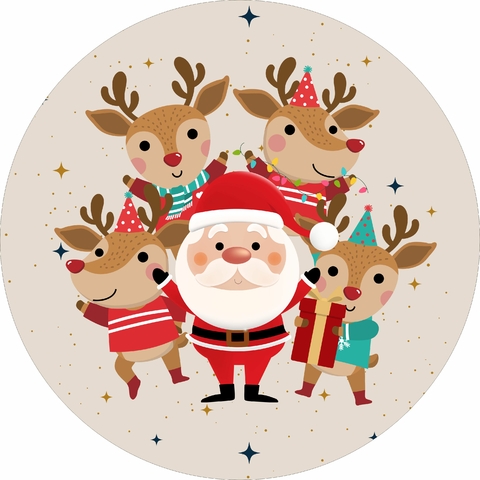 Painel de Tecido Sublimado Redondo Papai Noel e Renas Presente de Natal c/ Elástico 150x150cm