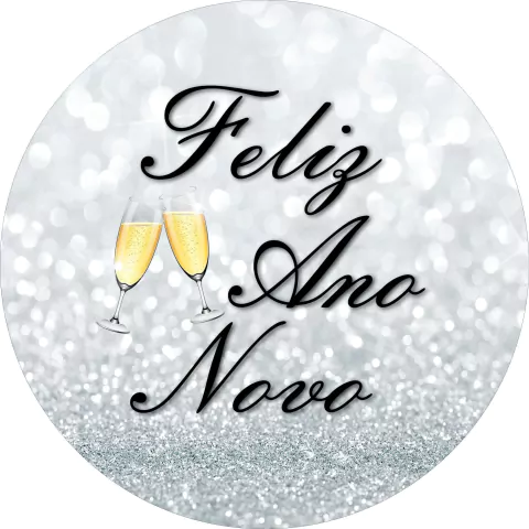 Painel de Tecido Sublimado Redondo Feliz Ano Novo Glitter Prata Brinde c/ Elástico 150x150cm