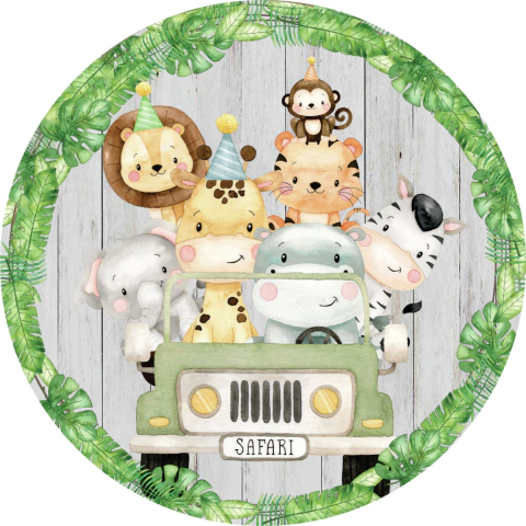 Painel de Tecido Sublimado Redondo Animais Safari dos Bichinhos Madeira c/ Elástico - 150x150cm