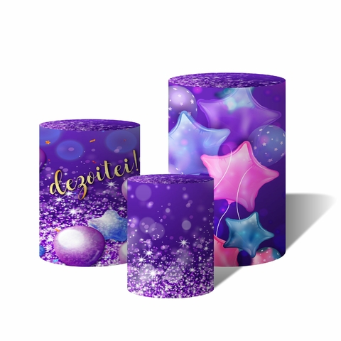 Trio Capas Para Cilindro 18 Anos Dourado Balões Estrelas Glitter Roxo C/ Elástico