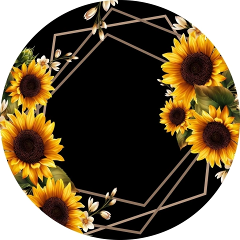 Painel de Tecido Sublimado Redondo Girassol Fundo Preto Formas Marrom Claro c/ Elástico - 150x150cm