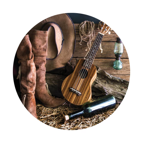 Painel de Tecido Sublimado Redondo Cowboy Botas Violão e Celeiro Textura de Madeira c/ Elástico 150x150cm