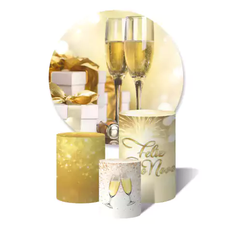 Trio de Capas Cilíndricas + Painel Redondo Sublimado c/ Elástico Ano Novo Brinde de Champanhe Brilho