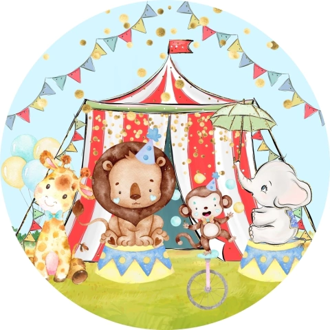 Painel de Tecido Sublimado Redondo Animais do Circo Tenda Vermelha c/ Elástico - 150x150cm