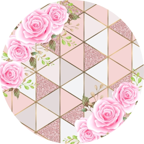 Painel de Tecido Sublimado Redondo Flores Rosas e Fundo Formas com Glitter c/ Elástico - 150x150cm