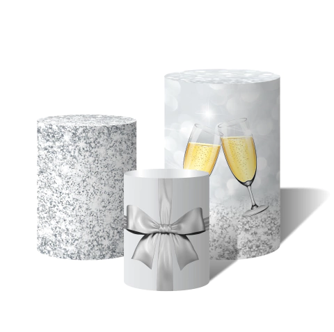 Trio de Capas Cilíndricas Versátil Ano Novo Glitter Prata Laço c/ Elástico