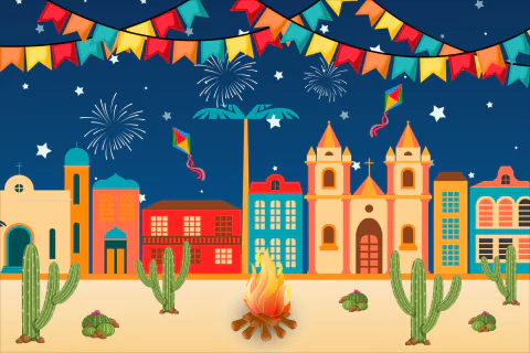 Painel de Lona Festa Junina Arraia Cidade Fogueira Bandeirinhas Cactos Noite