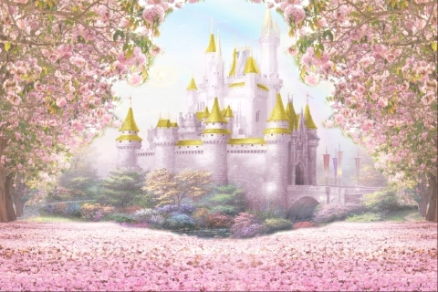 Painel de Tecido Sublimado Castelo de Contos de Fadas Rosa e Dourado