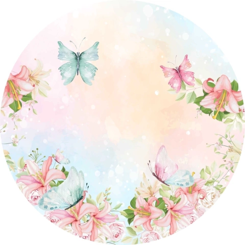 Painel de Tecido Sublimado Redondo Jardim Aquarela Primavera de Cores e Borboletas c/ Elástico - 150x150cm